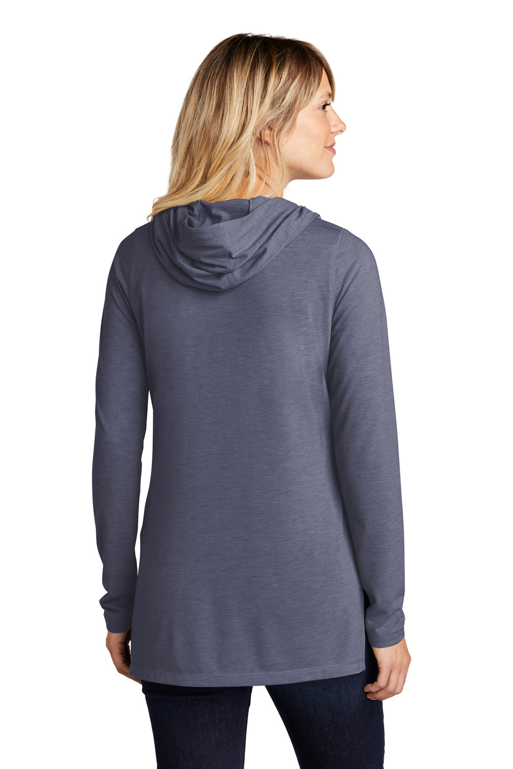 Sport-Tek LST406 Womens Moisture Wicking Cowl Neck Long Sleeve T-Shirt Heather True Navy Blue Model Back