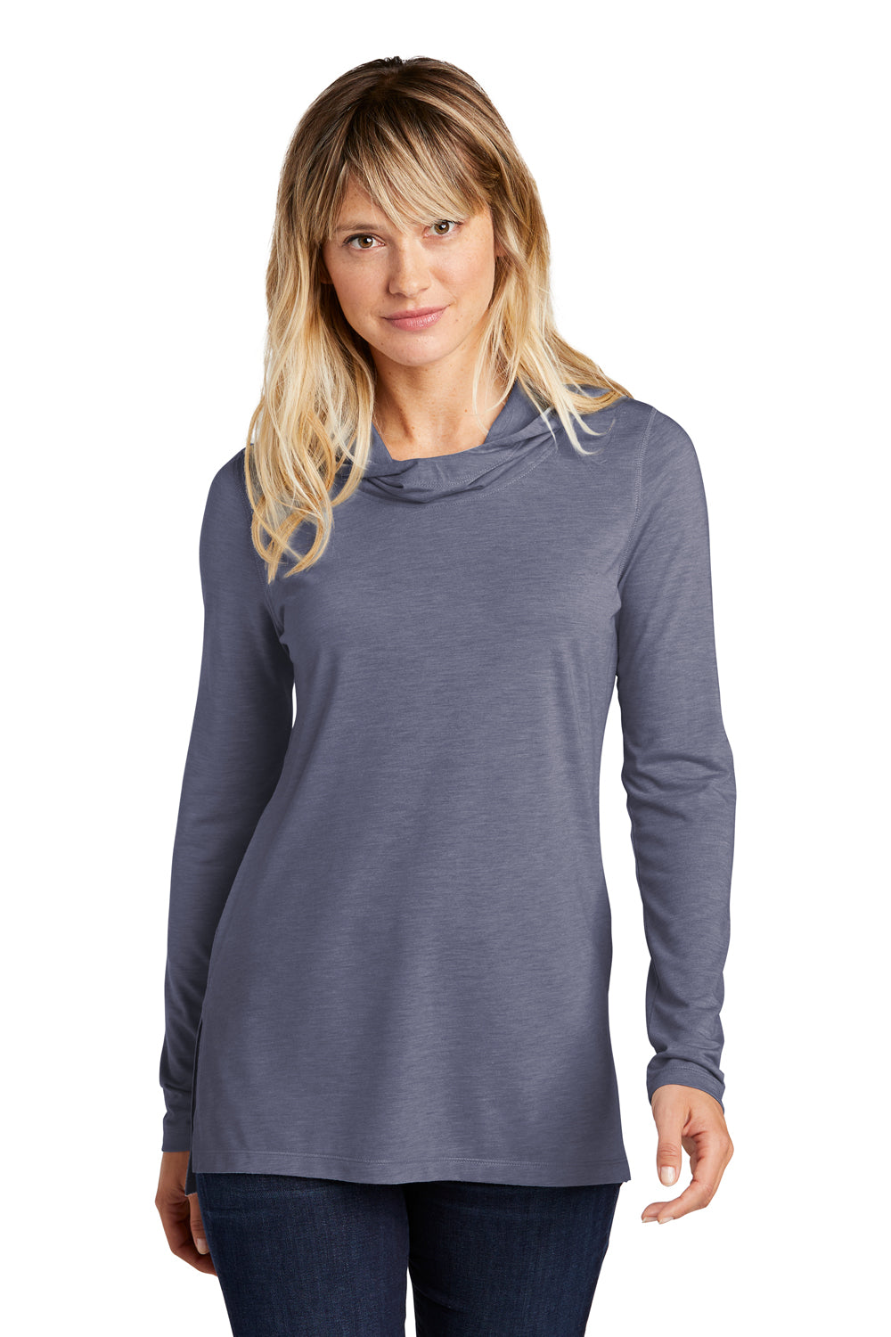 Sport-Tek LST406 Womens Moisture Wicking Cowl Neck Long Sleeve T-Shirt Heather True Navy Blue Model Front