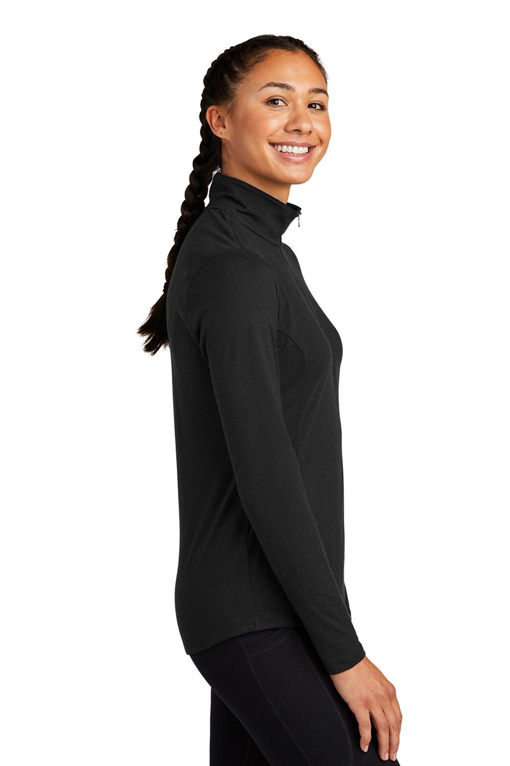 Sport-Tek LST407 Womens Moisture Wicking 1/4 Zip Sweatshirt Black Model Side