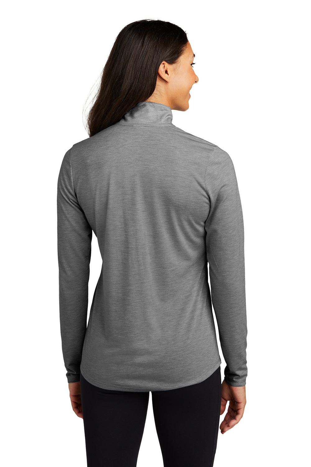 Sport-Tek LST407 Womens Moisture Wicking 1/4 Zip Sweatshirt Heather Dark Grey Model Back