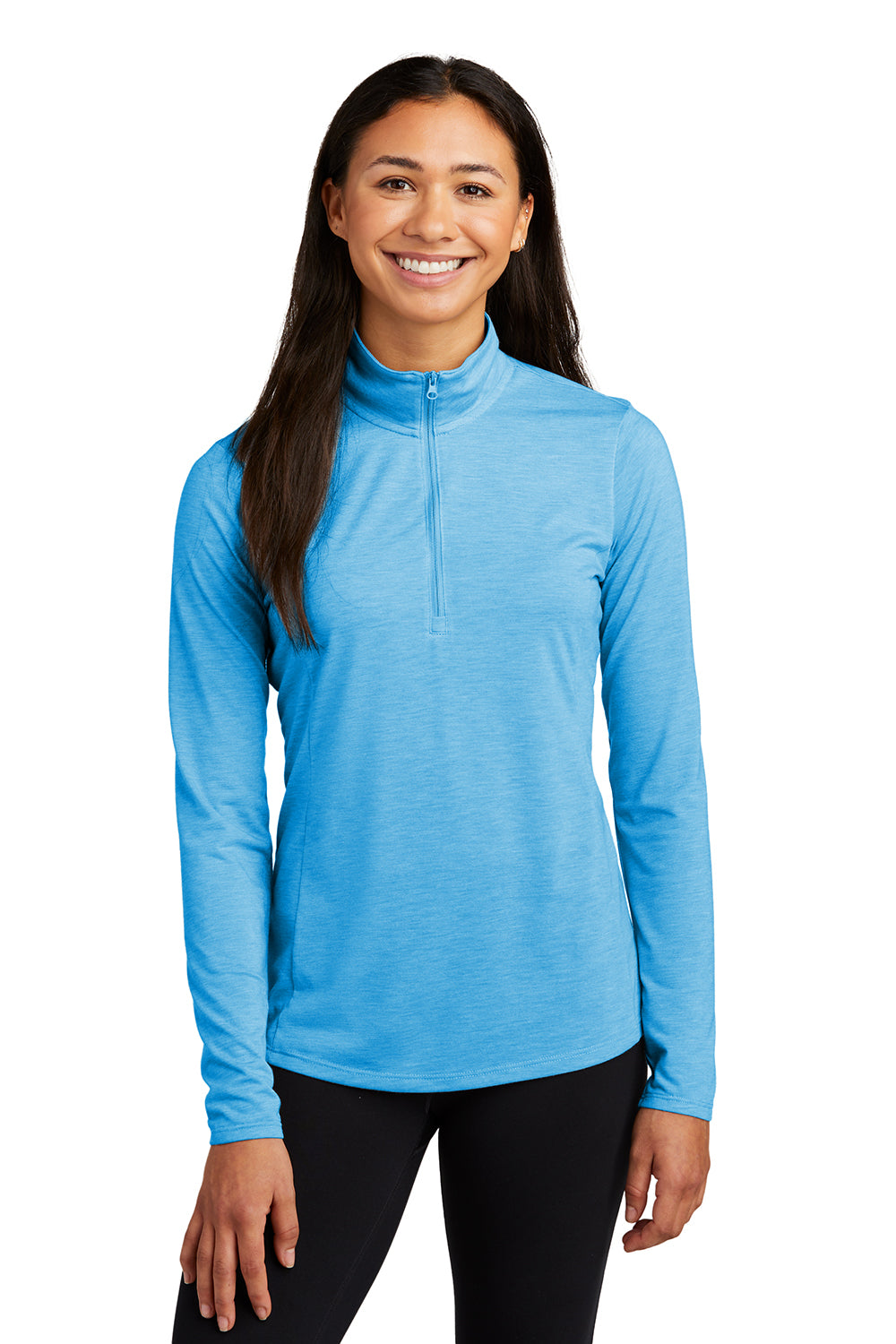 Sport-Tek LST407 Womens Moisture Wicking 1/4 Zip Sweatshirt Heather Pond Blue Model Front