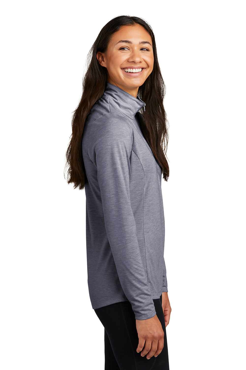 Sport-Tek LST407 Womens Moisture Wicking 1/4 Zip Sweatshirt Heather True Navy Blue Model Side