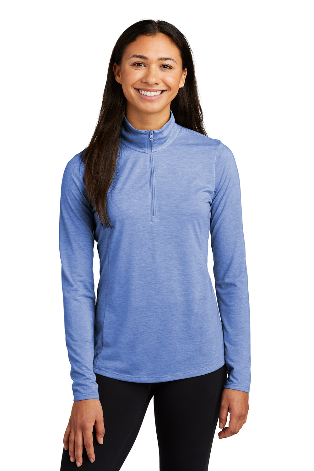 Sport-Tek LST407 Womens Moisture Wicking 1/4 Zip Sweatshirt Heather True Royal Blue Model Front