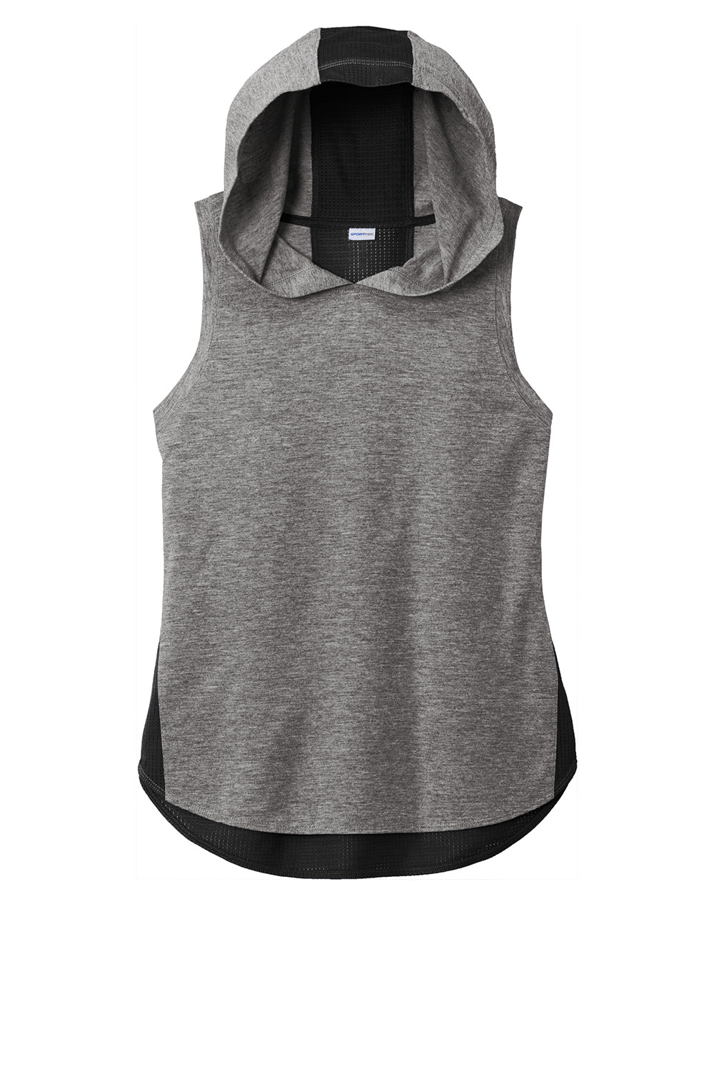 Sport-Tek LST410 Womens Draft Moisture Wicking Hooded Tank Top Hoodie Black/Heather Dark Grey Flat Front