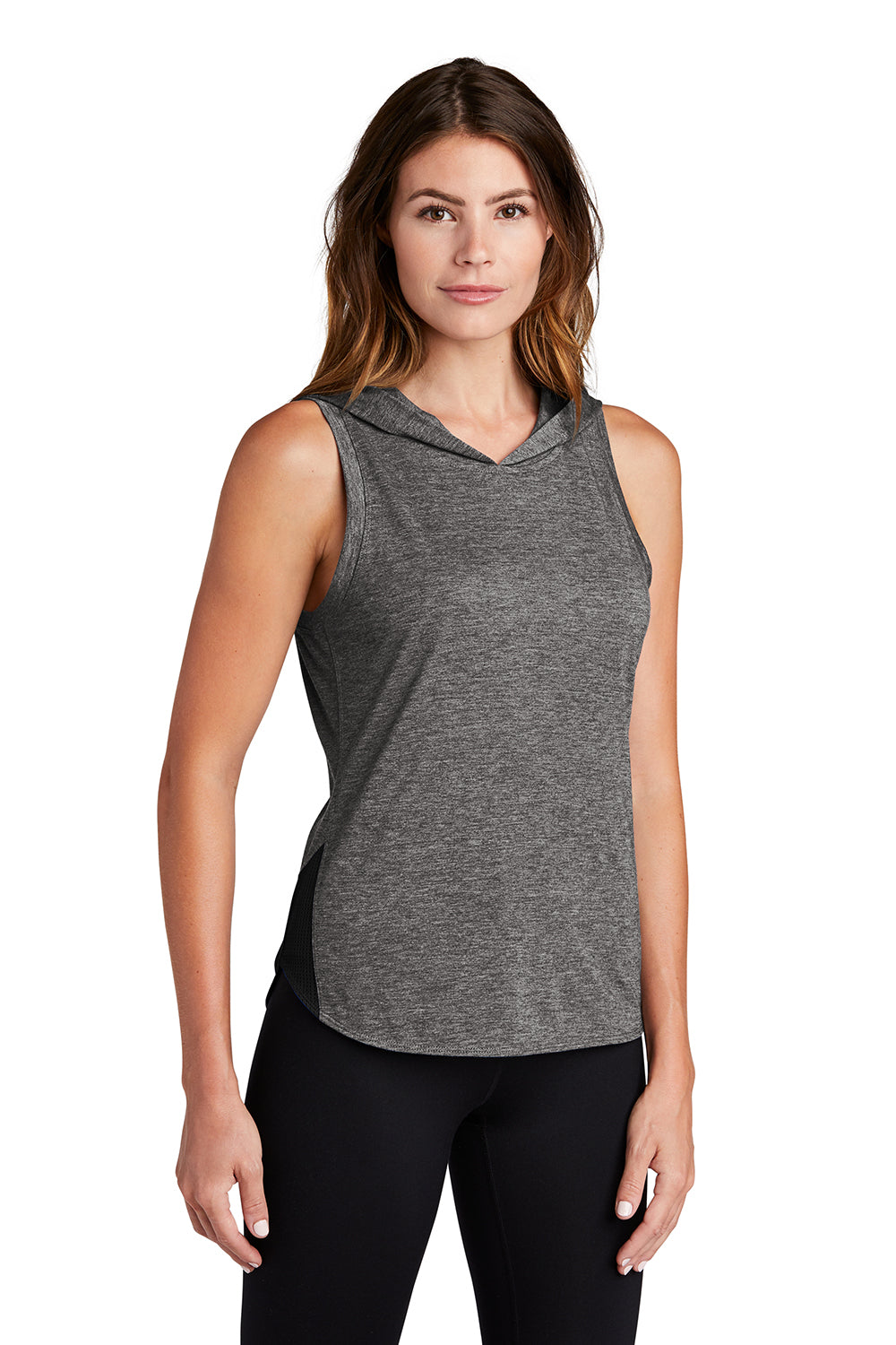 Sport-Tek LST410 Womens Draft Moisture Wicking Hooded Tank Top Hoodie Black/Heather Dark Grey Model 3q