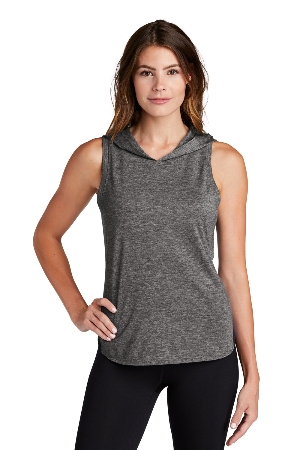 Sport-Tek LST410 Womens Draft Moisture Wicking Hooded Tank Top Hoodie Black/Heather Dark Grey Model Front