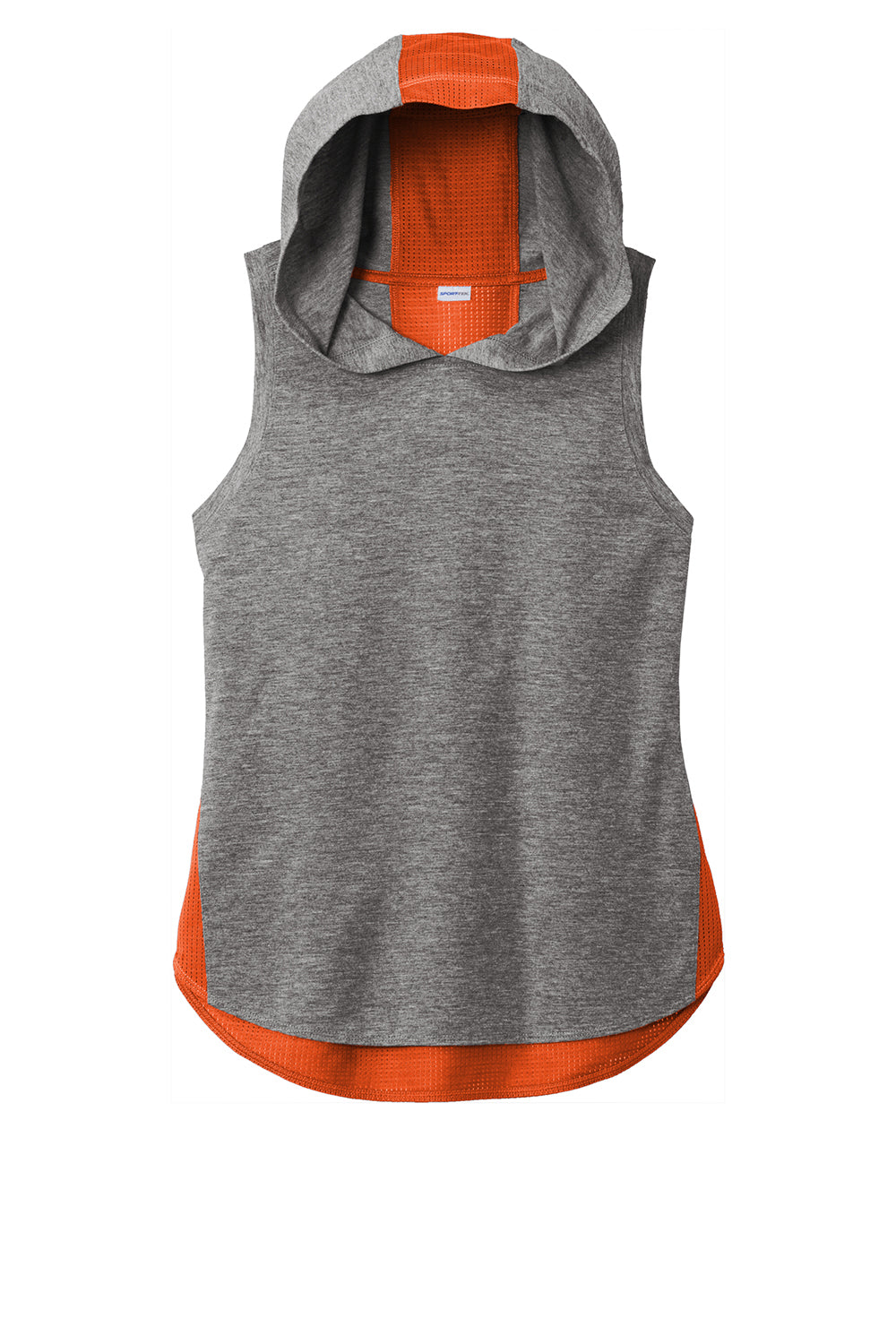 Sport-Tek LST410 Womens Draft Moisture Wicking Hooded Tank Top Hoodie Heather Deep Orange/Heather Dark Grey Flat Front