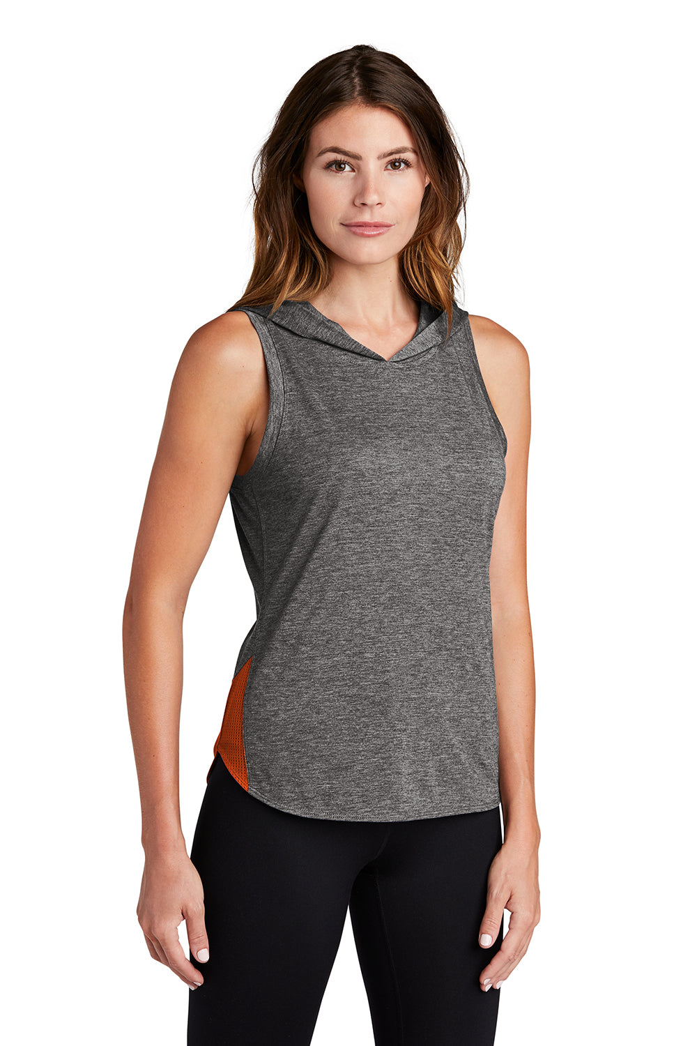 Sport-Tek LST410 Womens Draft Moisture Wicking Hooded Tank Top Hoodie Heather Deep Orange/Heather Dark Grey Model 3q