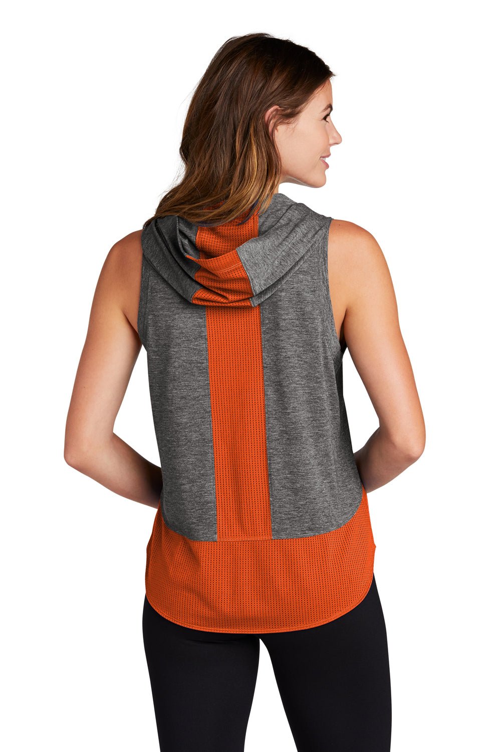 Sport-Tek LST410 Womens Draft Moisture Wicking Hooded Tank Top Hoodie Heather Deep Orange/Heather Dark Grey Model Back