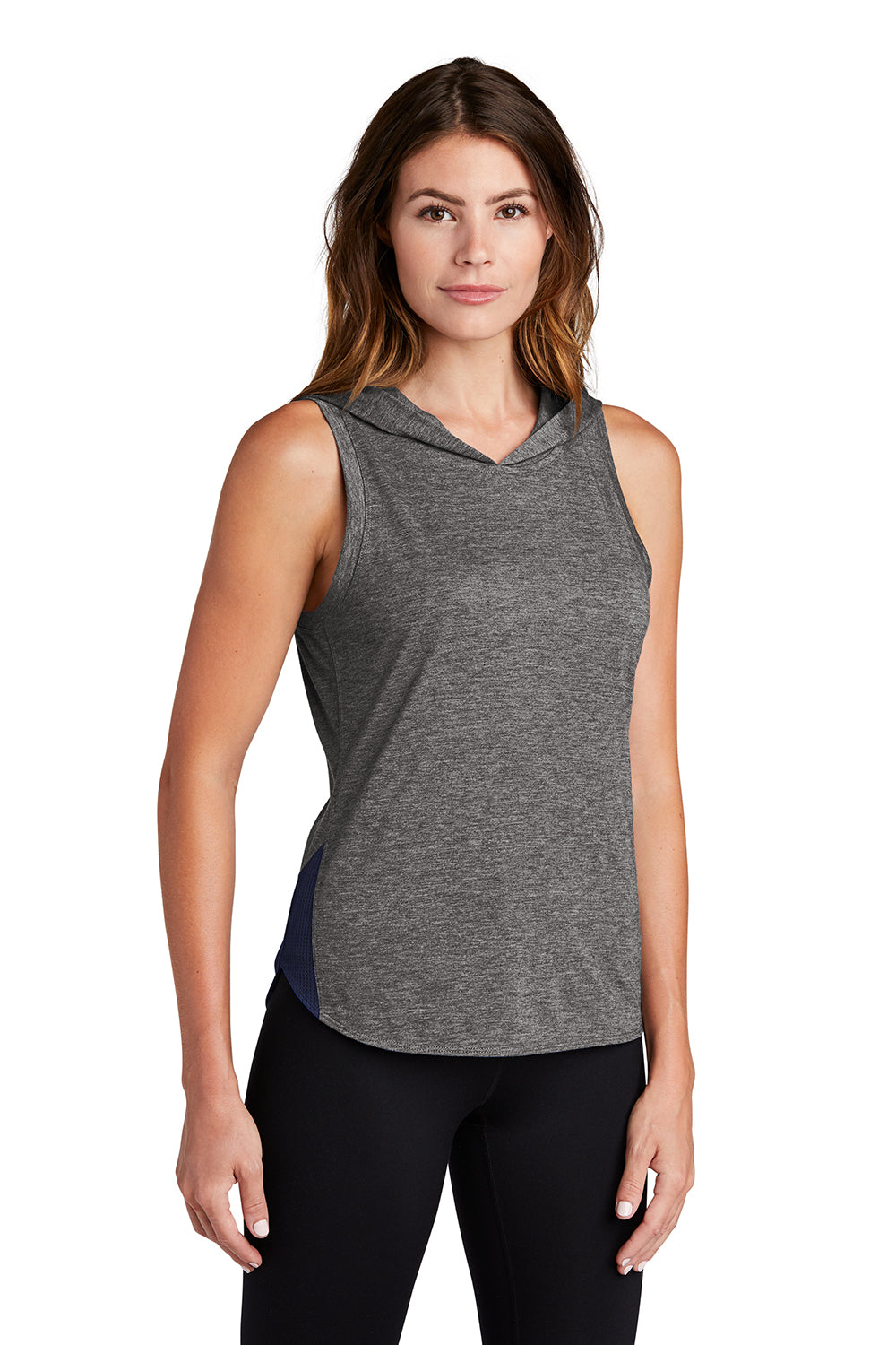 Sport-Tek LST410 Womens Draft Moisture Wicking Hooded Tank Top Hoodie True Navy Blue/Heather Dark Grey Model 3q