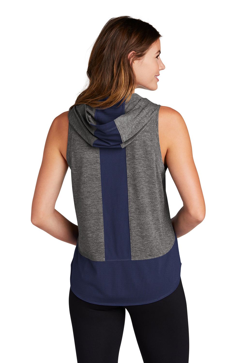 Sport-Tek LST410 Womens Draft Moisture Wicking Hooded Tank Top Hoodie True Navy Blue/Heather Dark Grey Model Back