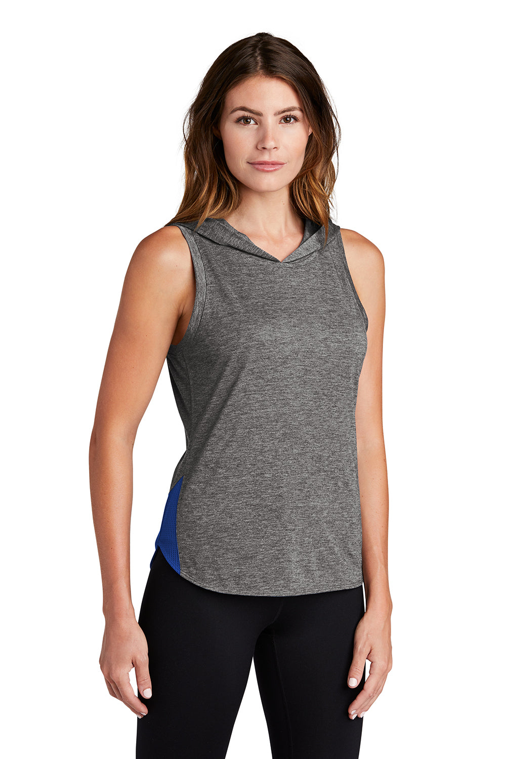 Sport-Tek LST410 Womens Draft Moisture Wicking Hooded Tank Top Hoodie True Royal Blue/Heather Dark Grey Model 3q