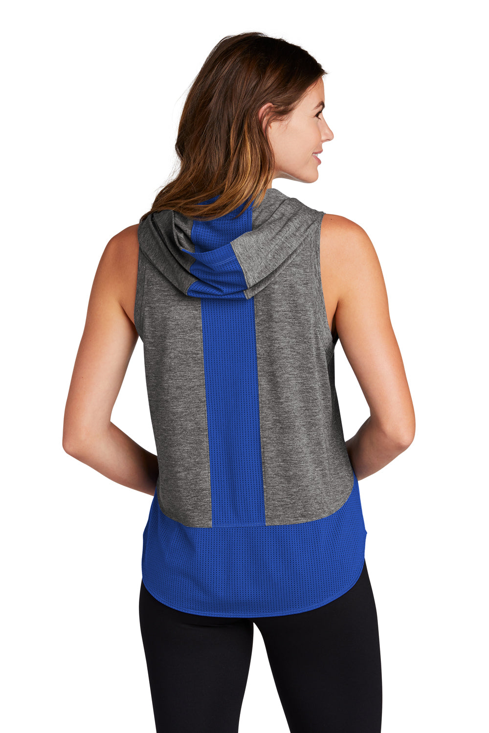 Sport-Tek LST410 Womens Draft Moisture Wicking Hooded Tank Top Hoodie True Royal Blue/Heather Dark Grey Model Back