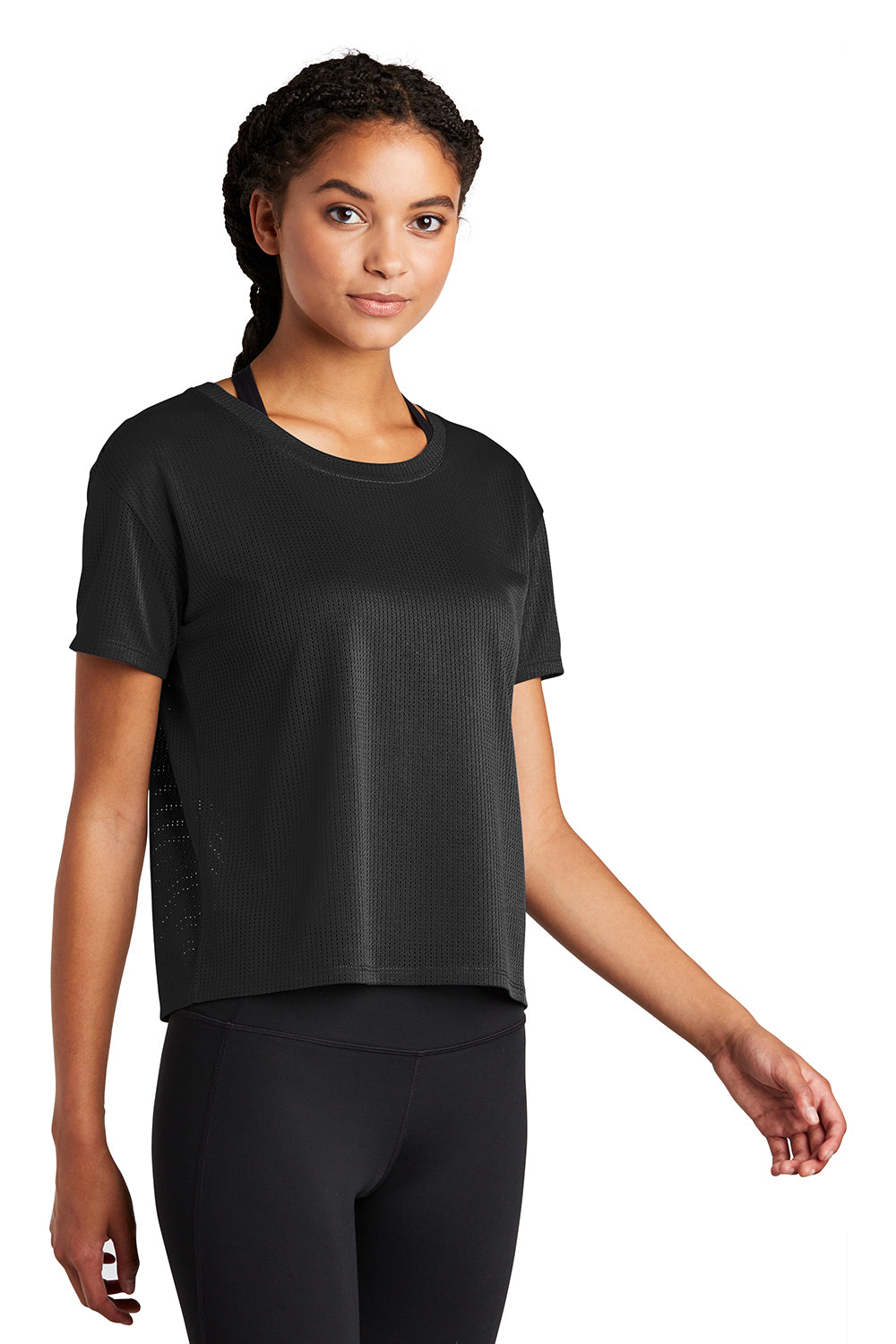 Sport-Tek LST411 Womens Draft Crop Short Sleeve Crewneck T-Shirt Black Model 3q