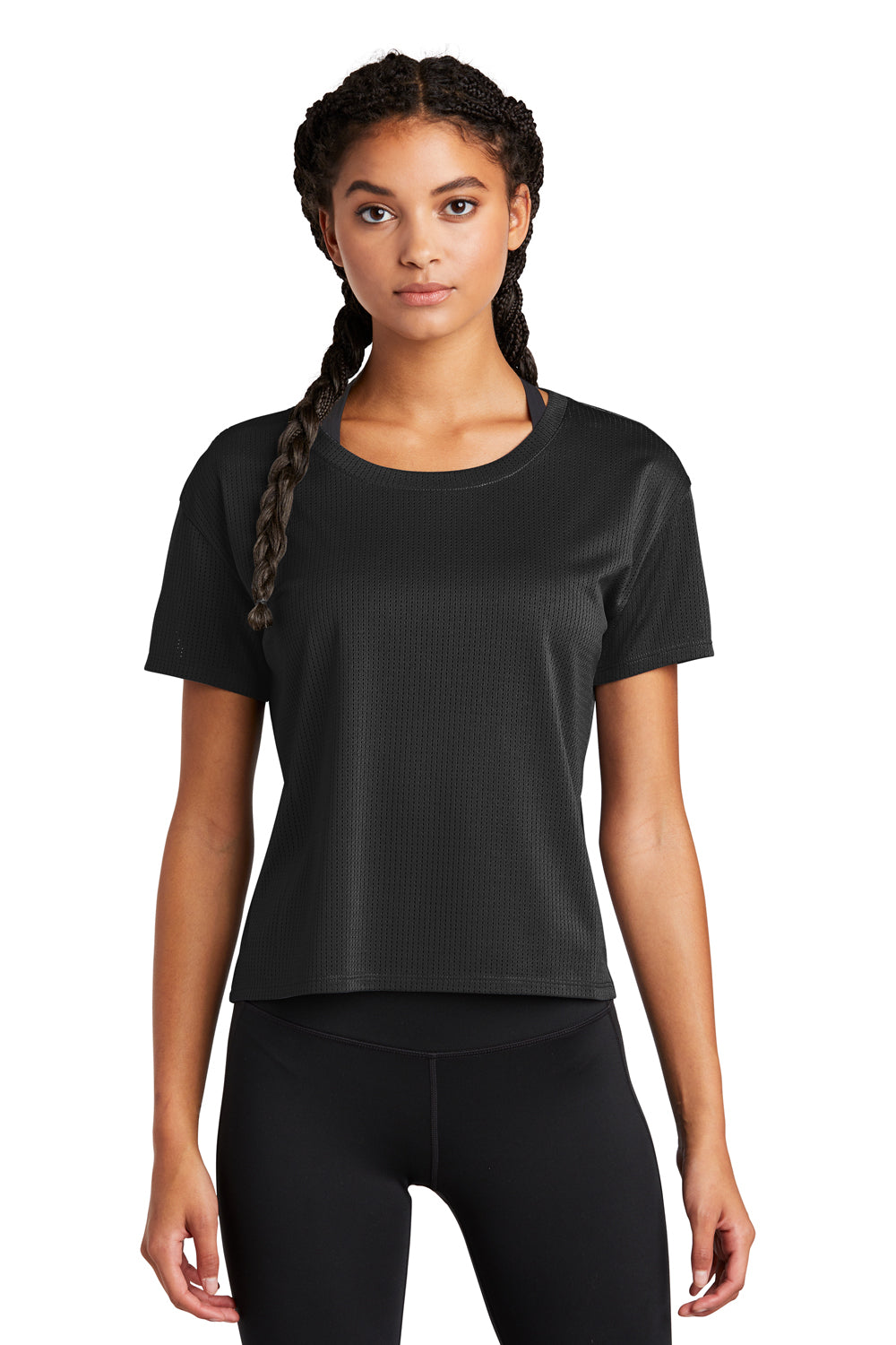 Sport-Tek LST411 Womens Draft Crop Short Sleeve Crewneck T-Shirt Black Model Front