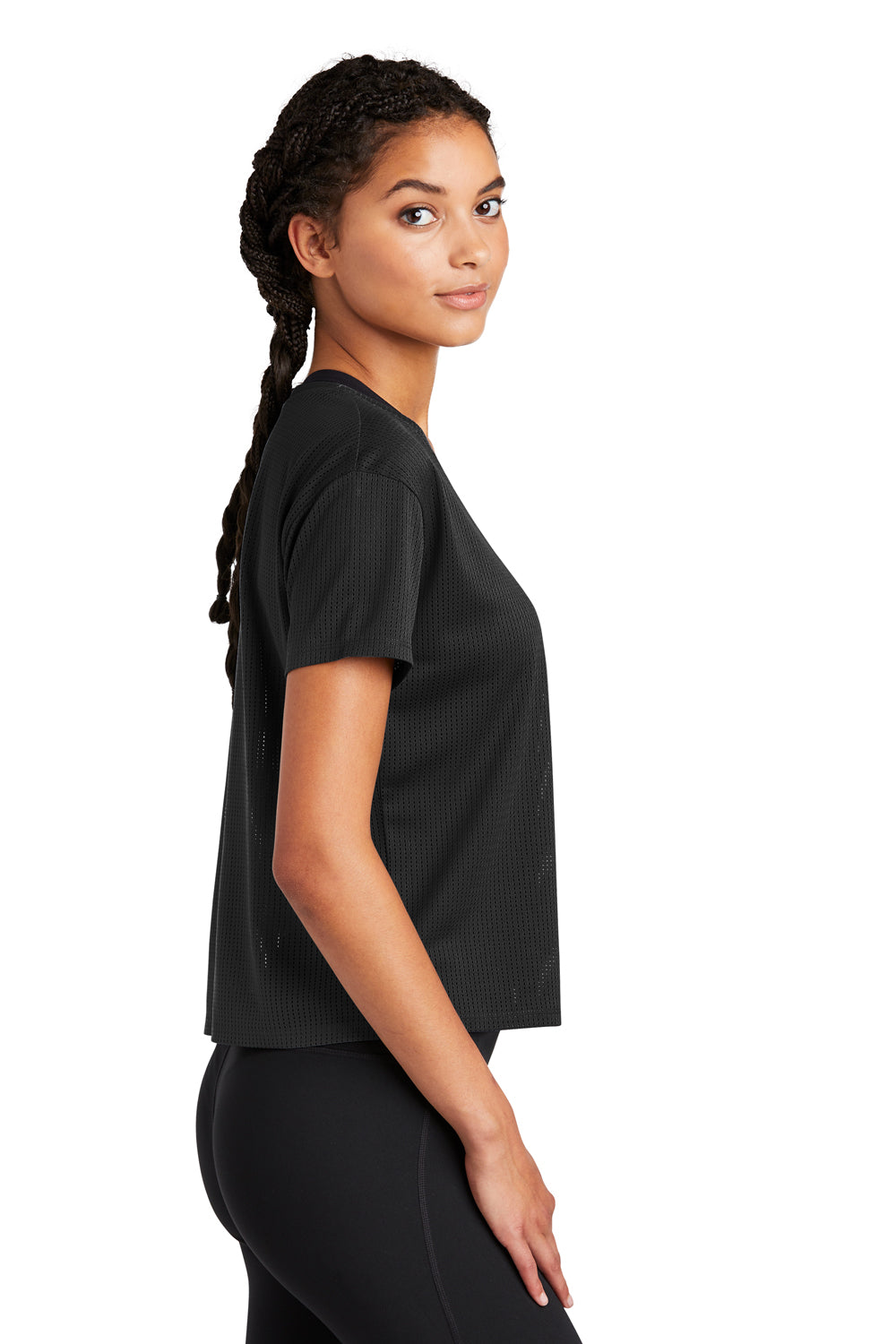 Sport-Tek LST411 Womens Draft Crop Short Sleeve Crewneck T-Shirt Black Model Side