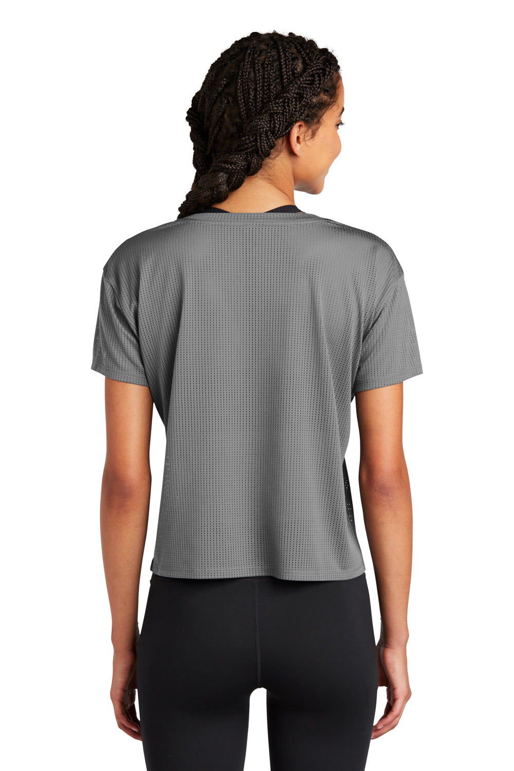 Sport-Tek LST411 Womens Draft Crop Short Sleeve Crewneck T-Shirt Dark Grey Model Back