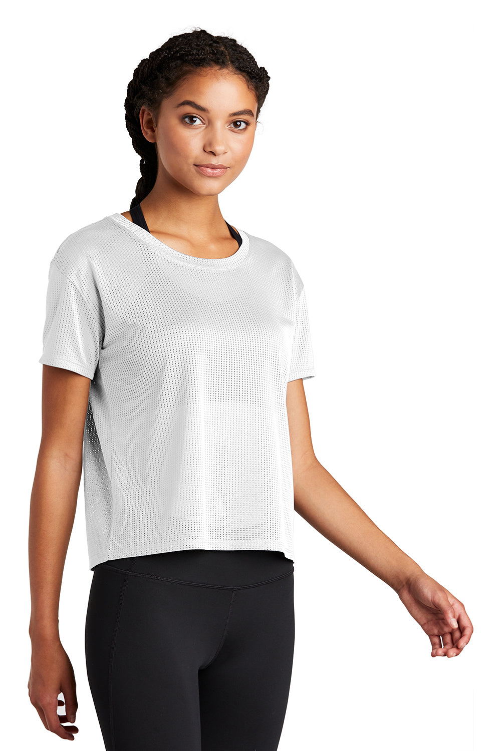 Sport-Tek LST411 Womens Draft Crop Short Sleeve Crewneck T-Shirt White Model 3q