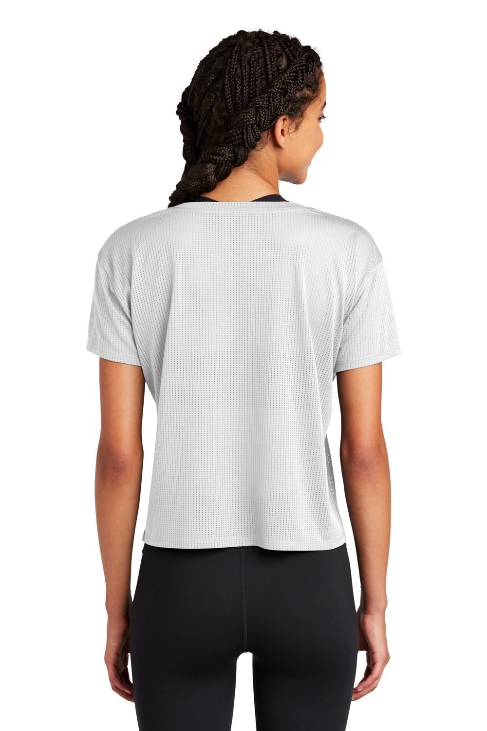 Sport-Tek LST411 Womens Draft Crop Short Sleeve Crewneck T-Shirt White Model Back