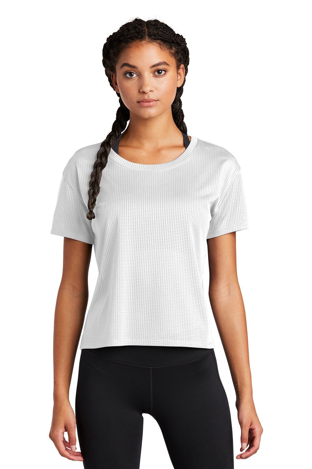 Sport-Tek LST411 Womens Draft Crop Short Sleeve Crewneck T-Shirt White Model Front