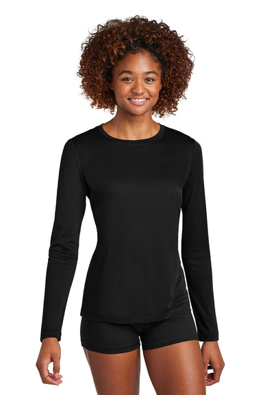 Sport-Tek LST420LS Womens Posi-UV Pro Long Sleeve Crewneck T-Shirt Black Model Front