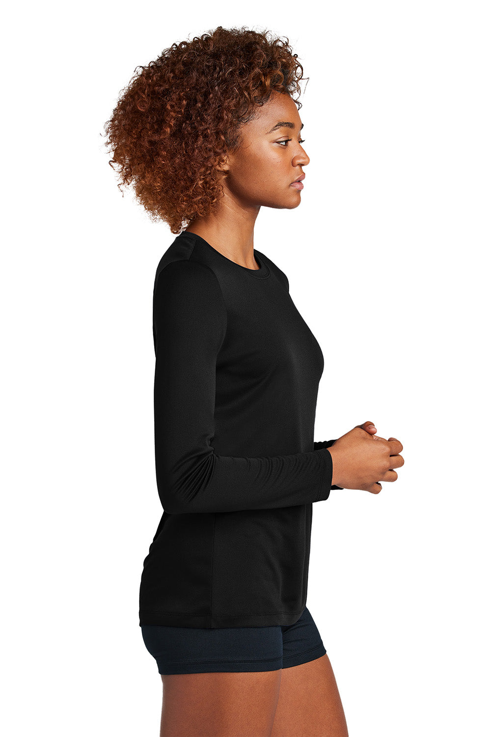 Sport-Tek LST420LS Womens Posi-UV Pro Long Sleeve Crewneck T-Shirt Black Model Side