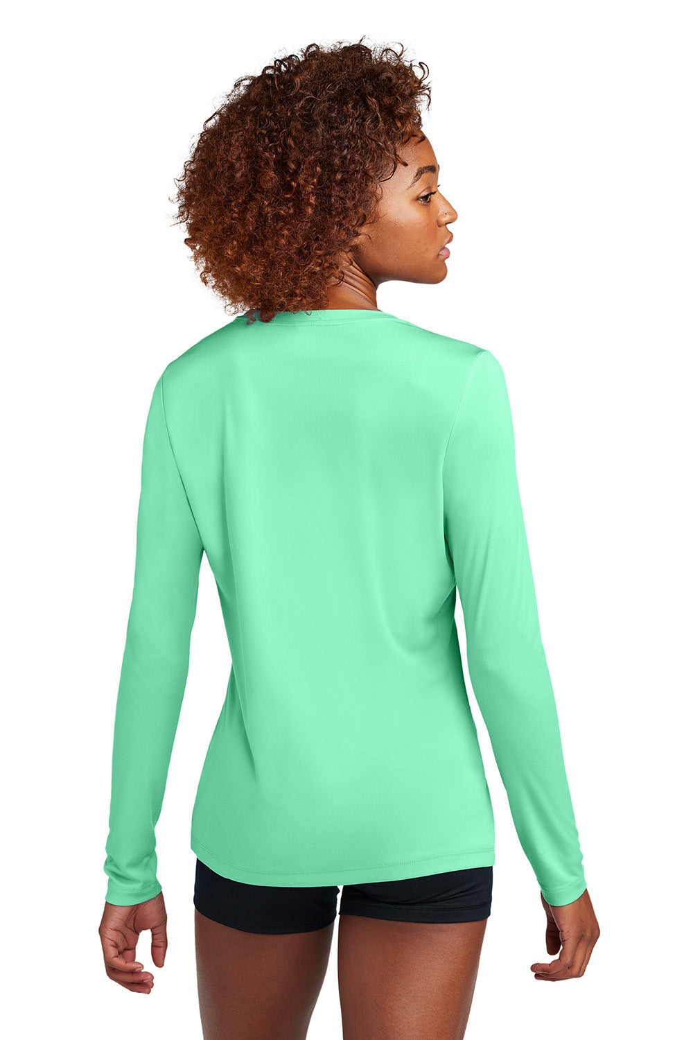 Sport-Tek LST420LS Womens Posi-UV Pro Long Sleeve Crewneck T-Shirt Bright Seafoam Green Model Back