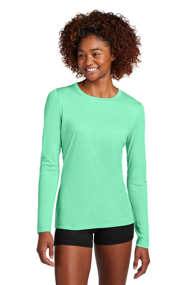 Sport-Tek LST420LS Womens Posi-UV Pro Long Sleeve Crewneck T-Shirt Bright Seafoam Green Model Front