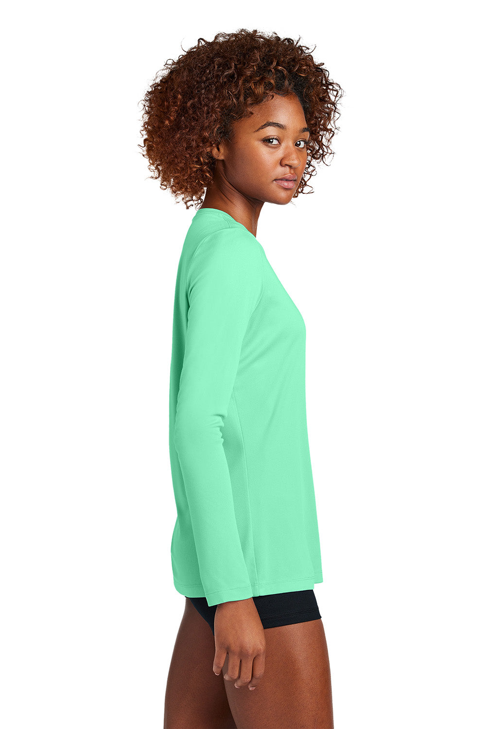 Sport-Tek LST420LS Womens Posi-UV Pro Long Sleeve Crewneck T-Shirt Bright Seafoam Green Model Side