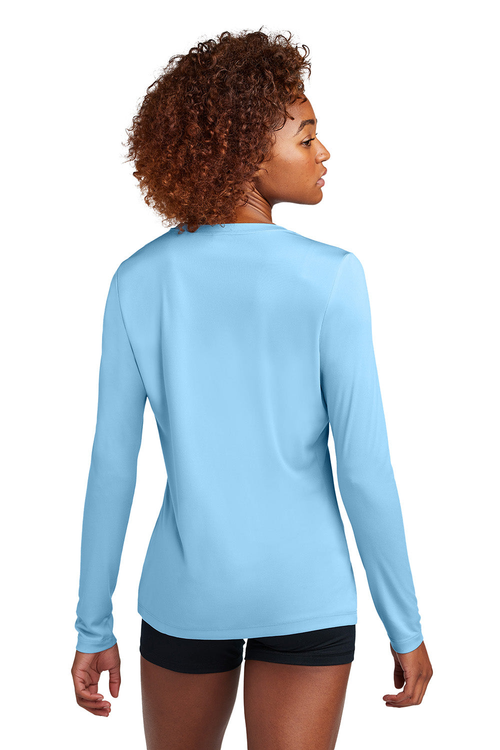 Sport-Tek LST420LS Womens Posi-UV Pro Long Sleeve Crewneck T-Shirt Light Blue Model Back