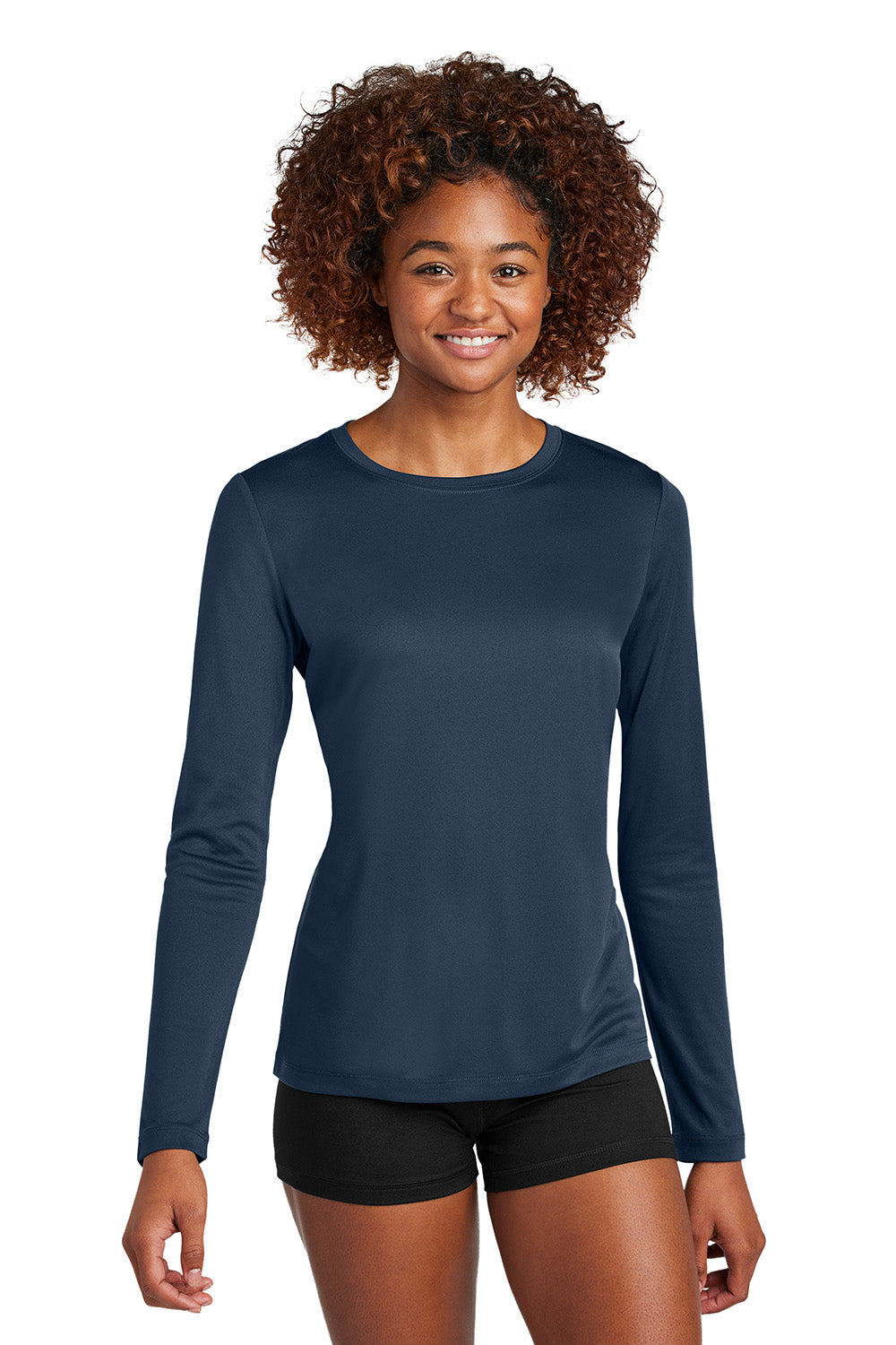 Sport-Tek LST420LS Womens Posi-UV Pro Long Sleeve Crewneck T-Shirt True Navy Blue Model Front