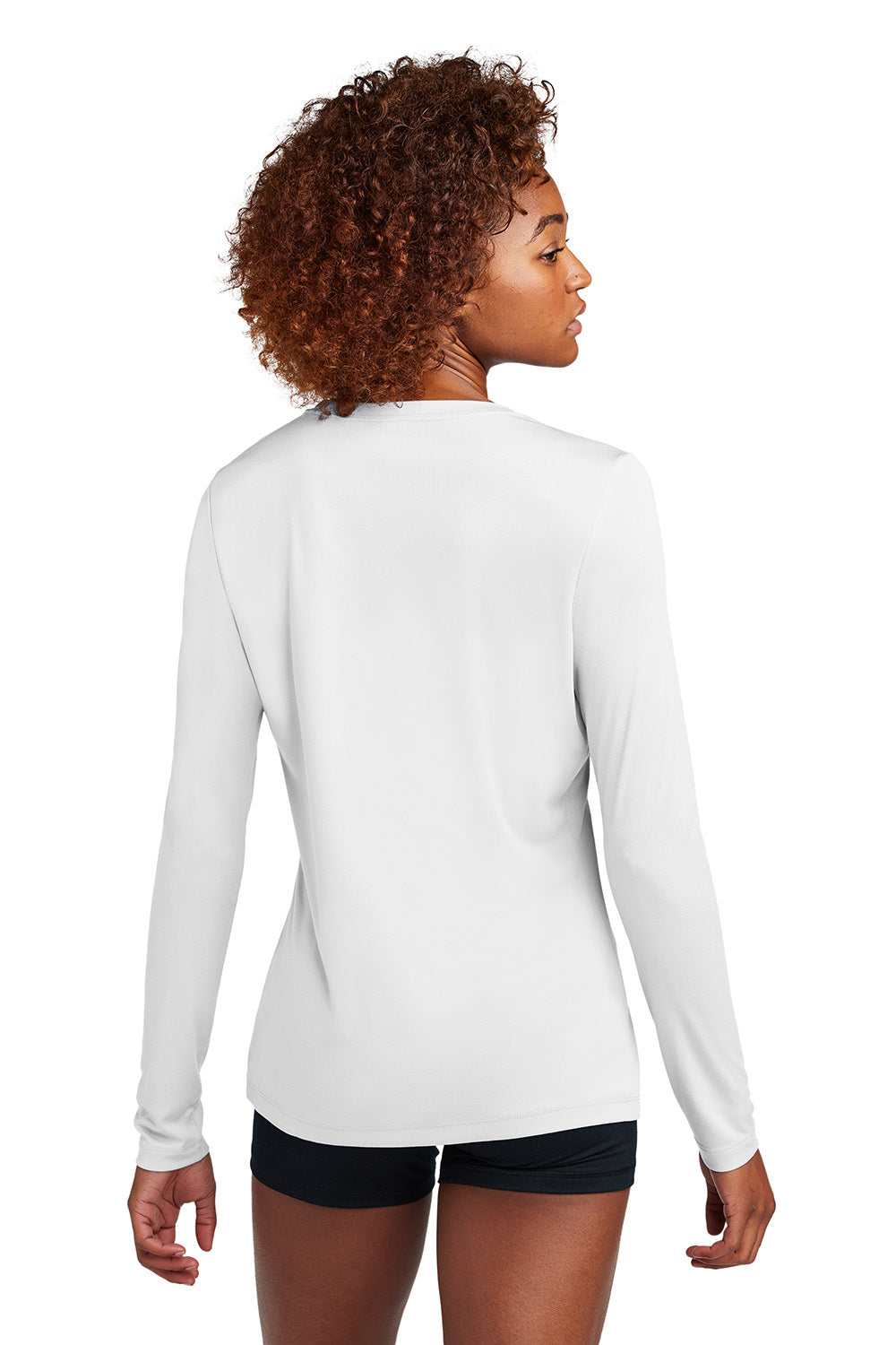 Sport-Tek LST420LS Womens Posi-UV Pro Long Sleeve Crewneck T-Shirt White Model Back