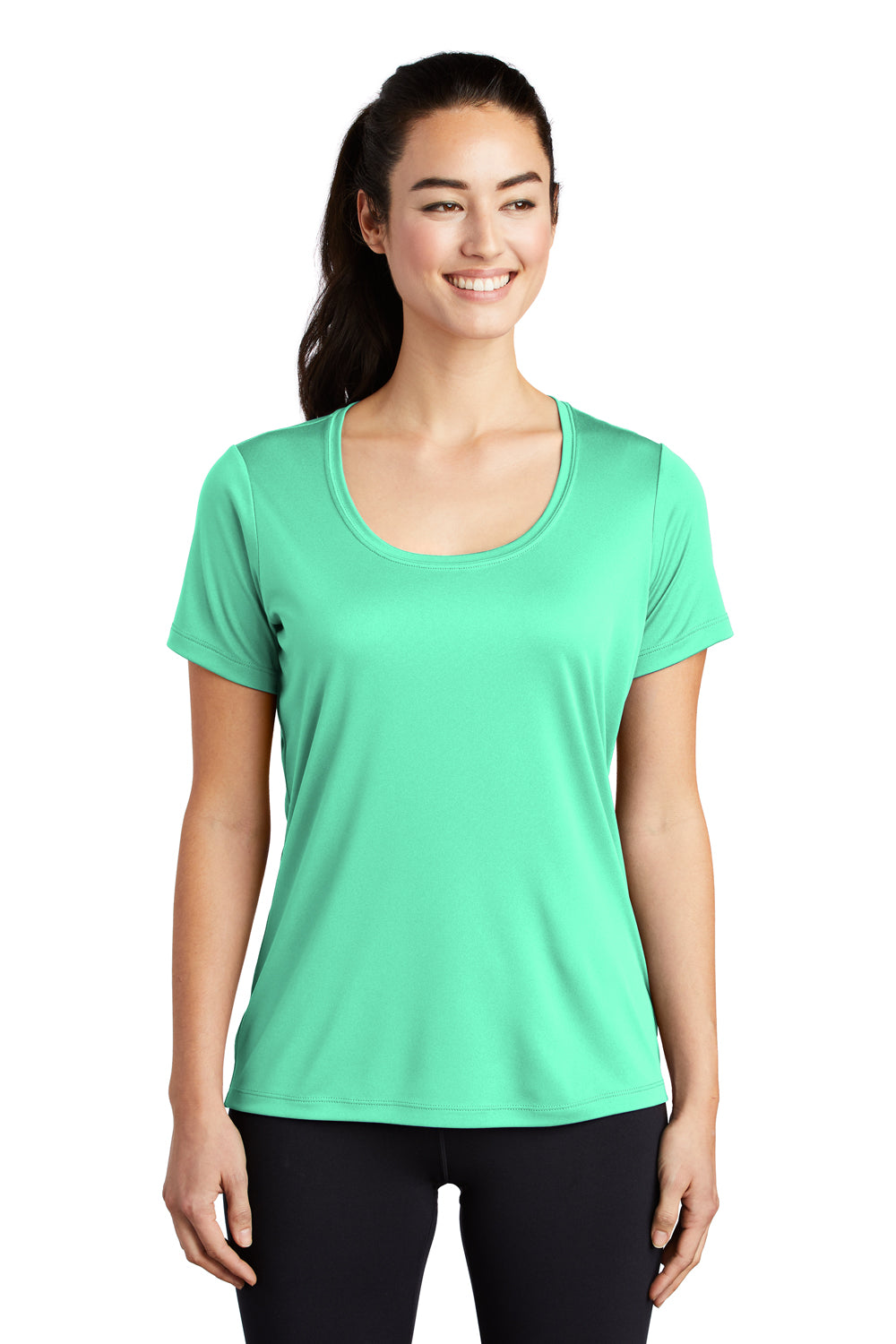 Sport-Tek LST420 Womens Moisture Wicking Short Sleeve Scoop Neck T-Shirt Bright Seafoam Green Model Front