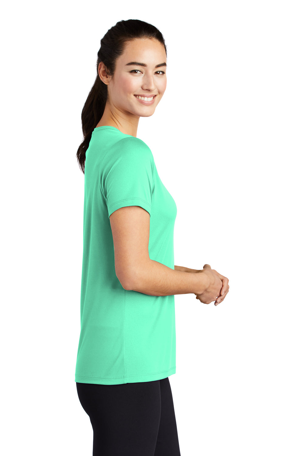 Sport-Tek LST420 Womens Moisture Wicking Short Sleeve Scoop Neck T-Shirt Bright Seafoam Green Model Side