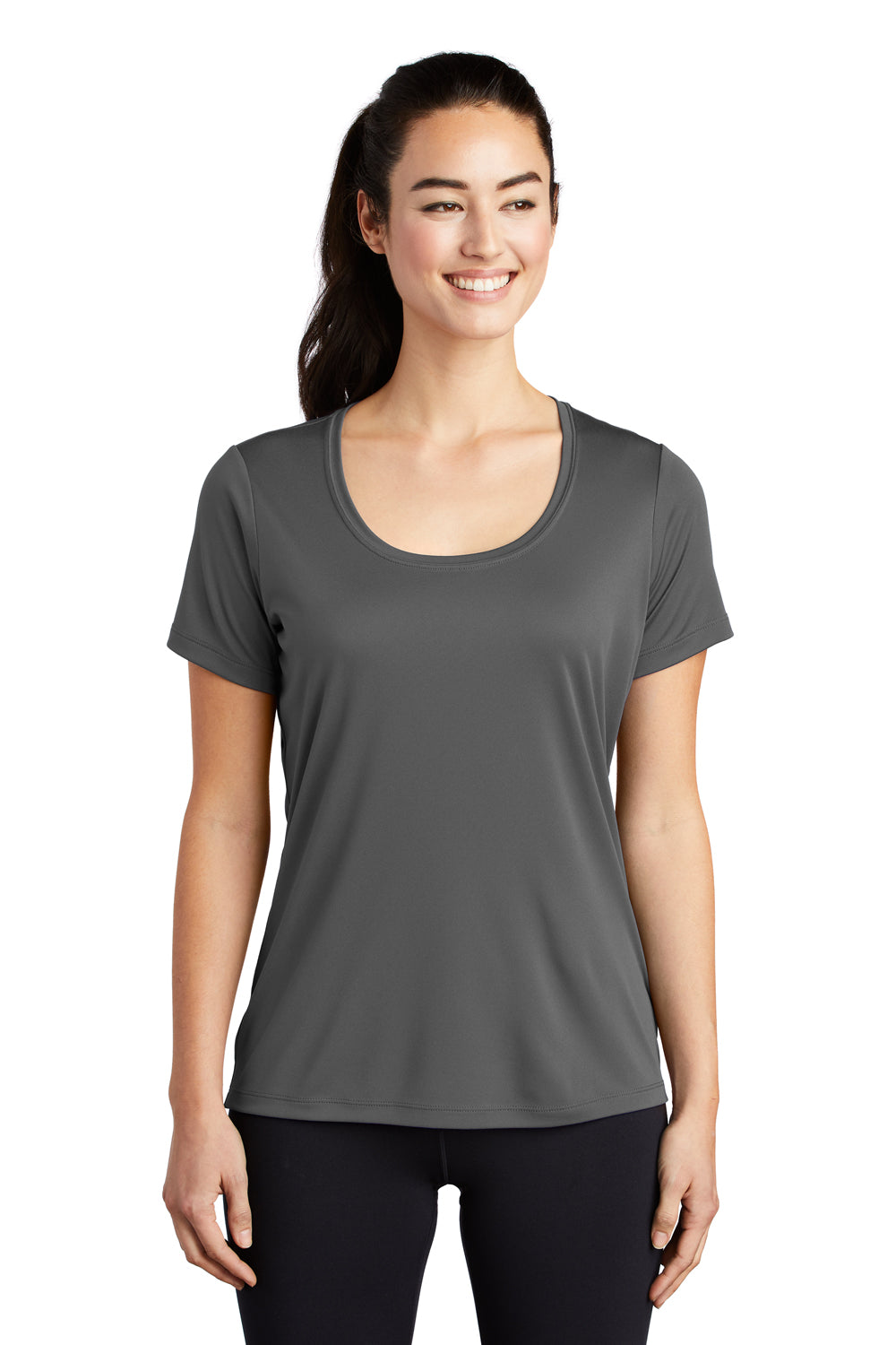 Sport-Tek LST420 Womens Moisture Wicking Short Sleeve Scoop Neck T-Shirt Dark Smoke Grey Model Front