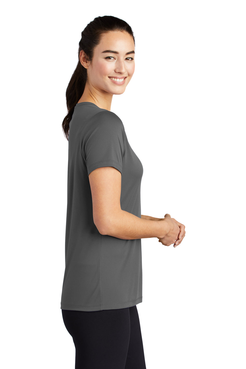 Sport-Tek LST420 Womens Moisture Wicking Short Sleeve Scoop Neck T-Shirt Dark Smoke Grey Model Side