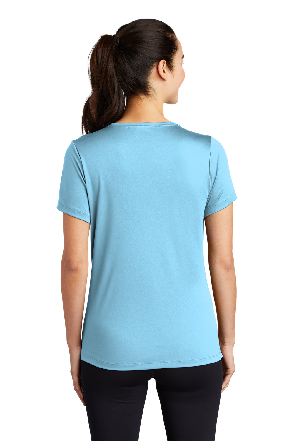 Sport-Tek LST420 Womens Moisture Wicking Short Sleeve Scoop Neck T-Shirt Light Blue Model Back