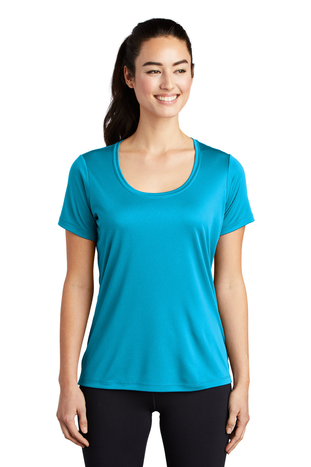 Sport-Tek LST420 Womens Moisture Wicking Short Sleeve Scoop Neck T-Shirt Sapphire Blue Model Front