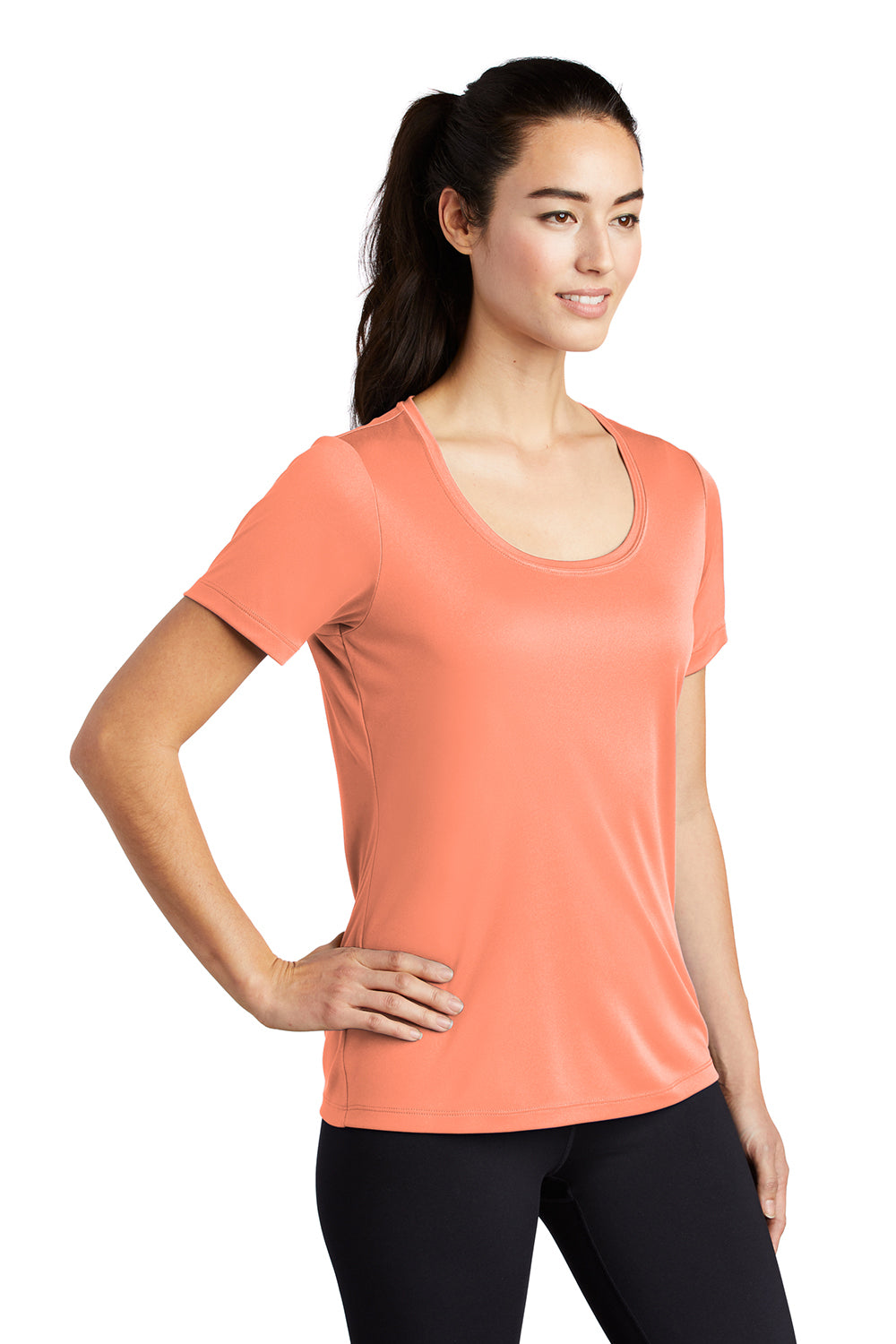 Sport-Tek LST420 Womens Moisture Wicking Short Sleeve Scoop Neck T-Shirt Soft Coral Orange Model 3q