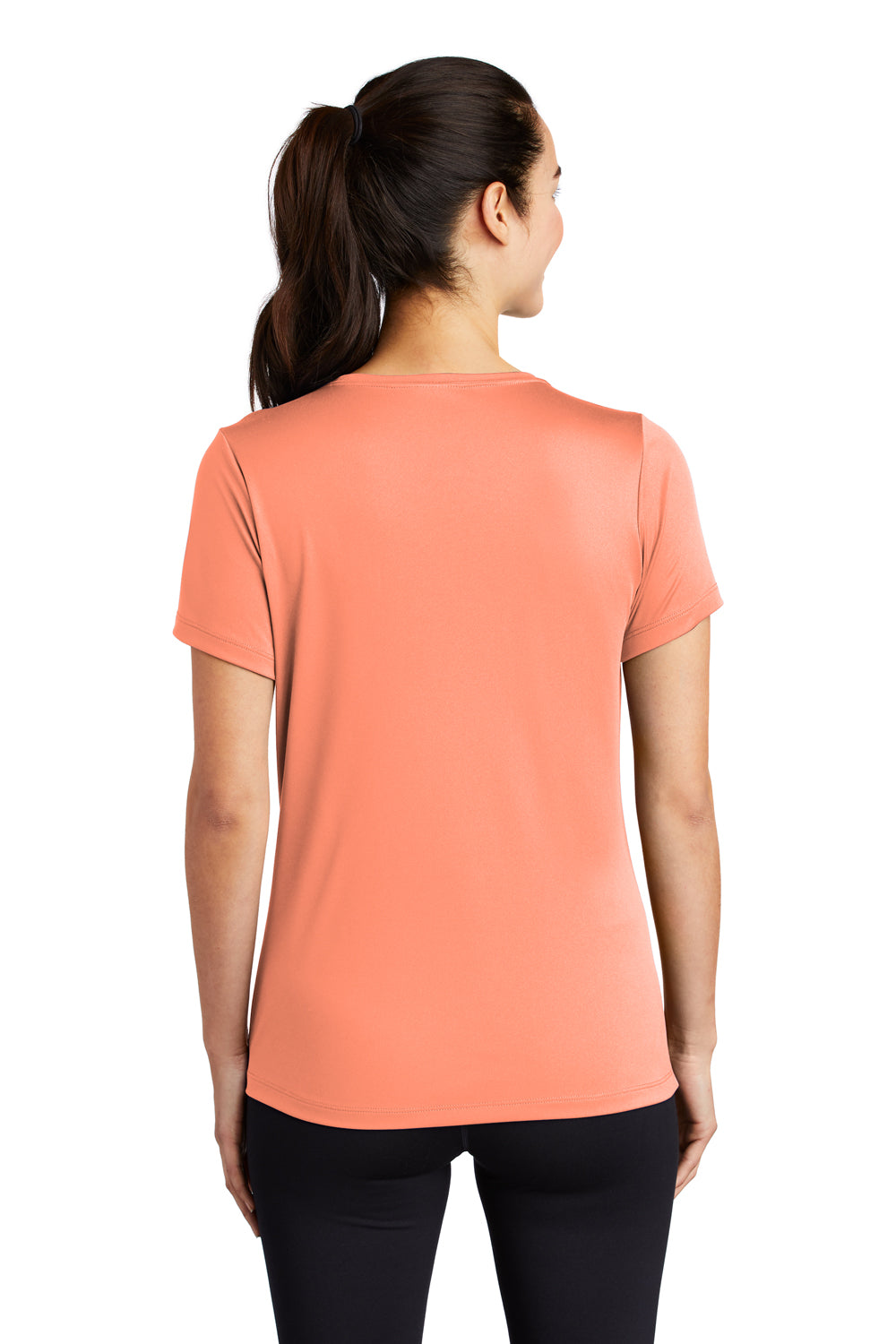 Sport-Tek LST420 Womens Moisture Wicking Short Sleeve Scoop Neck T-Shirt Soft Coral Orange Model Back