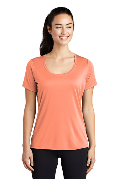 Sport-Tek LST420 Womens Moisture Wicking Short Sleeve Scoop Neck T-Shirt Soft Coral Orange Model Front