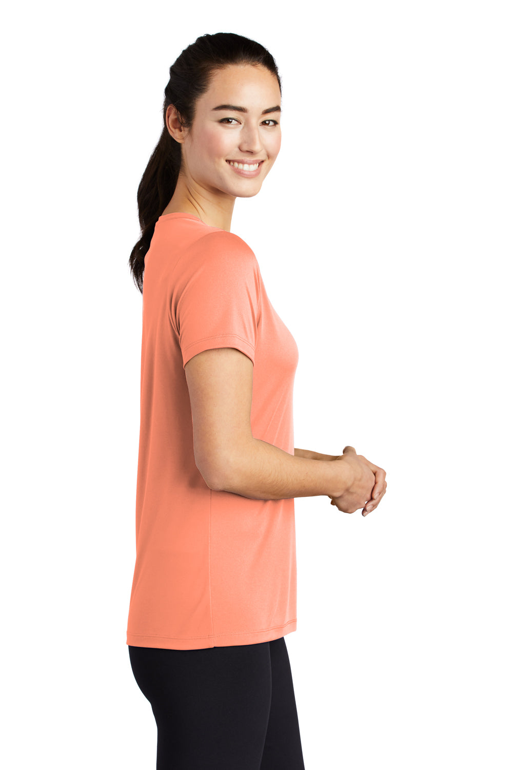 Sport-Tek LST420 Womens Moisture Wicking Short Sleeve Scoop Neck T-Shirt Soft Coral Orange Model Side