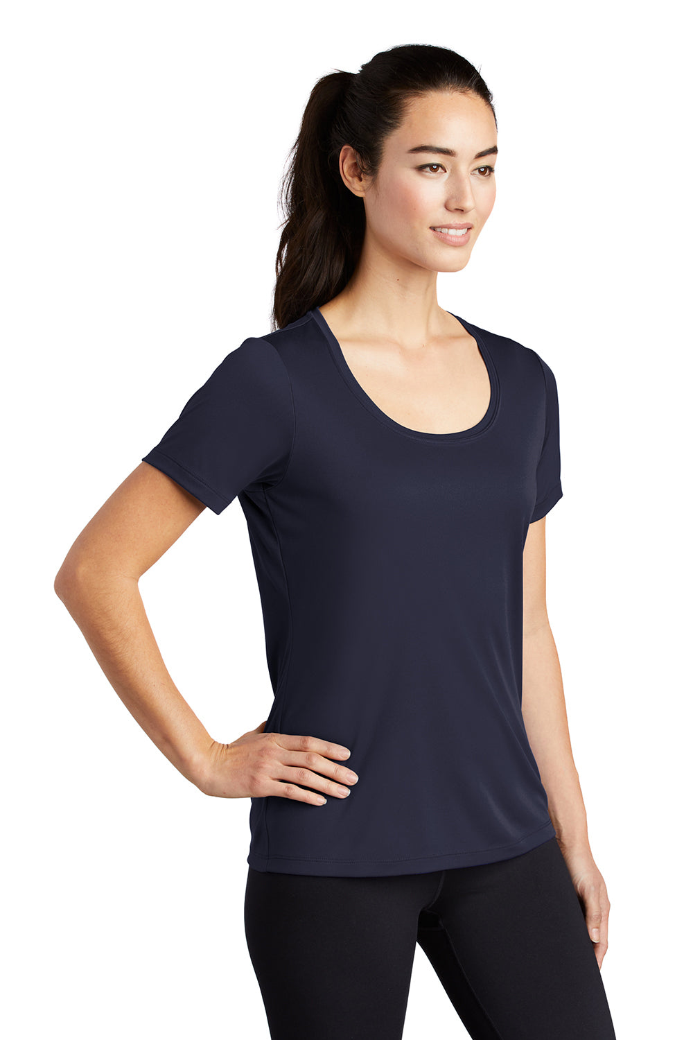 Sport-Tek LST420 Womens Moisture Wicking Short Sleeve Scoop Neck T-Shirt True Navy Blue Model 3q