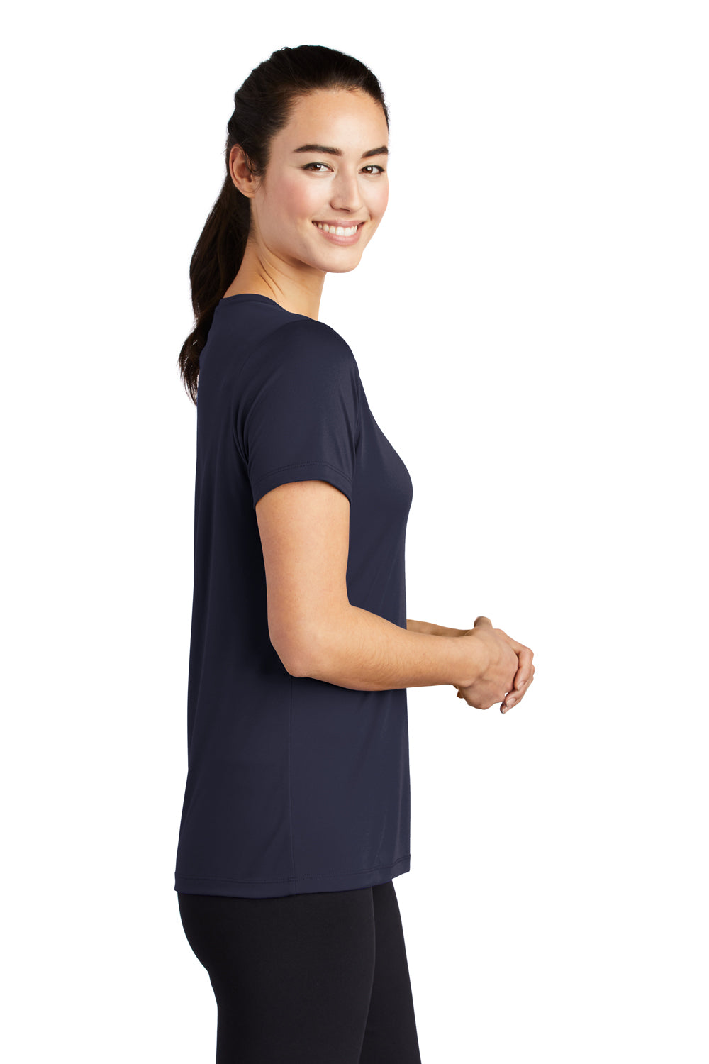 Sport-Tek LST420 Womens Moisture Wicking Short Sleeve Scoop Neck T-Shirt True Navy Blue Model Side