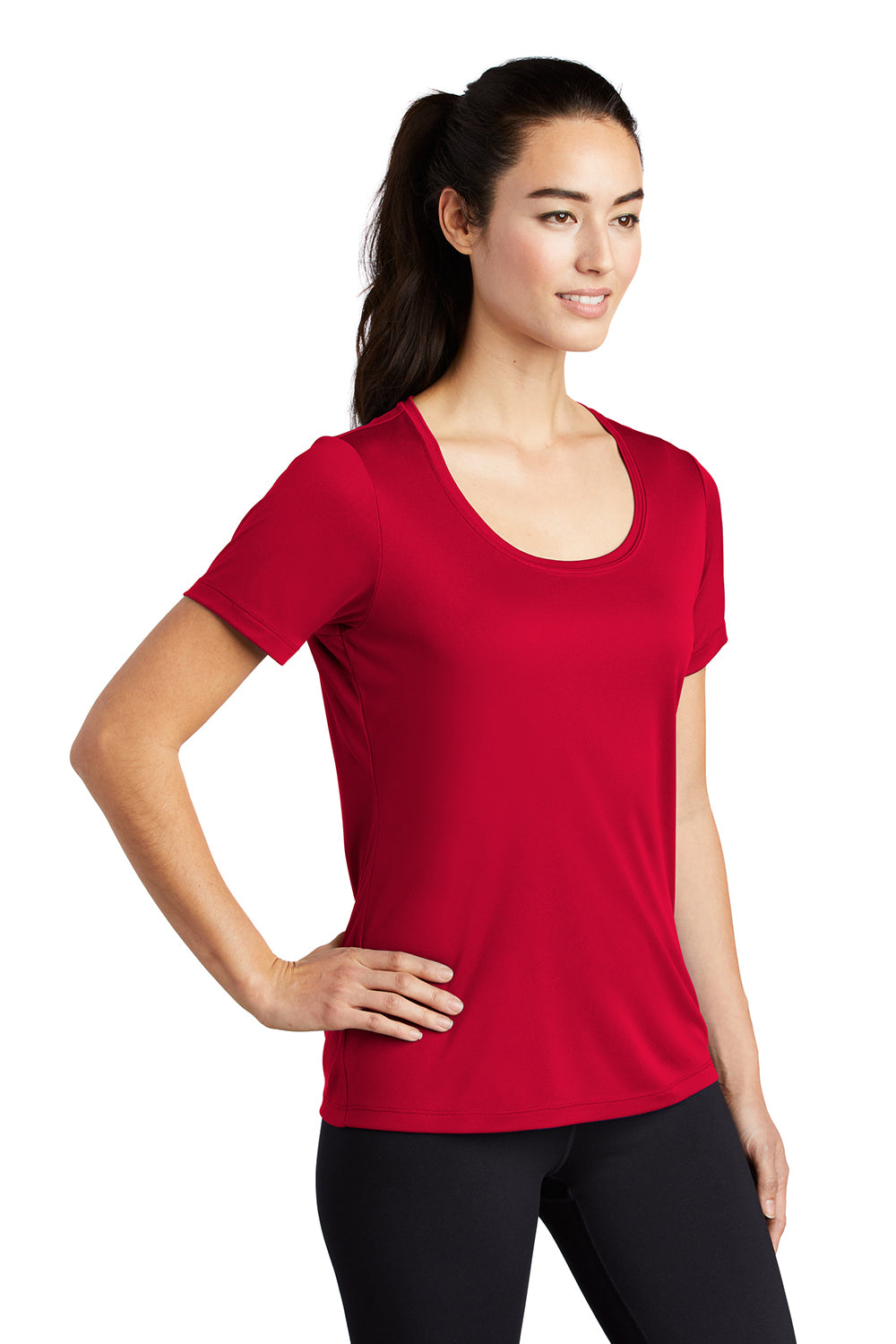 Sport-Tek LST420 Womens Moisture Wicking Short Sleeve Scoop Neck T-Shirt True Red Model 3q