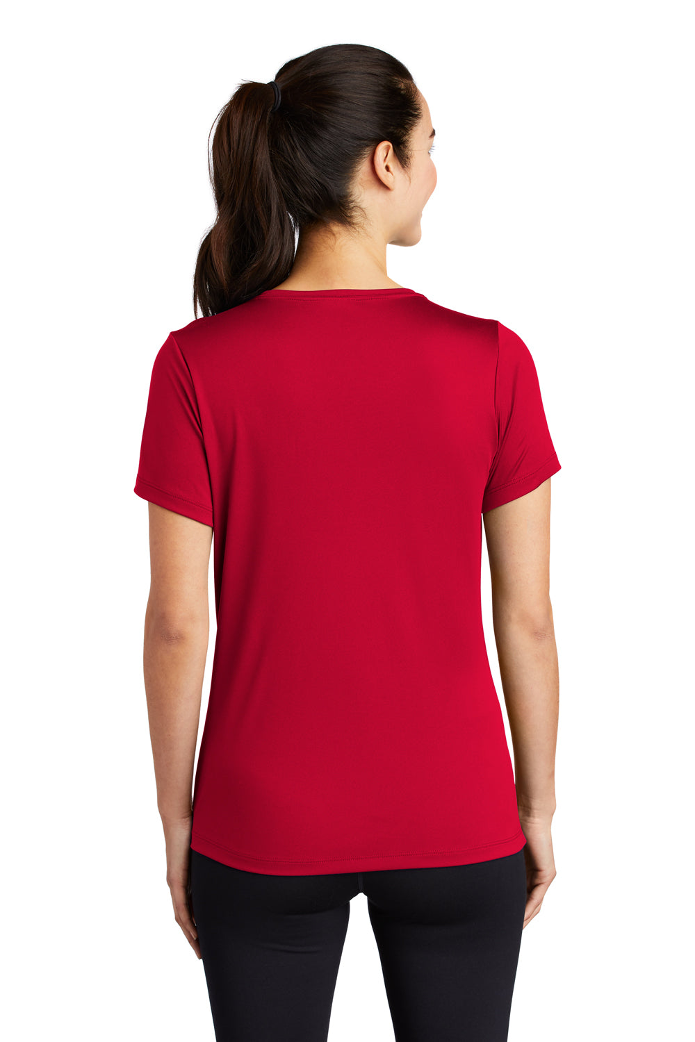 Sport-Tek LST420 Womens Moisture Wicking Short Sleeve Scoop Neck T-Shirt True Red Model Back