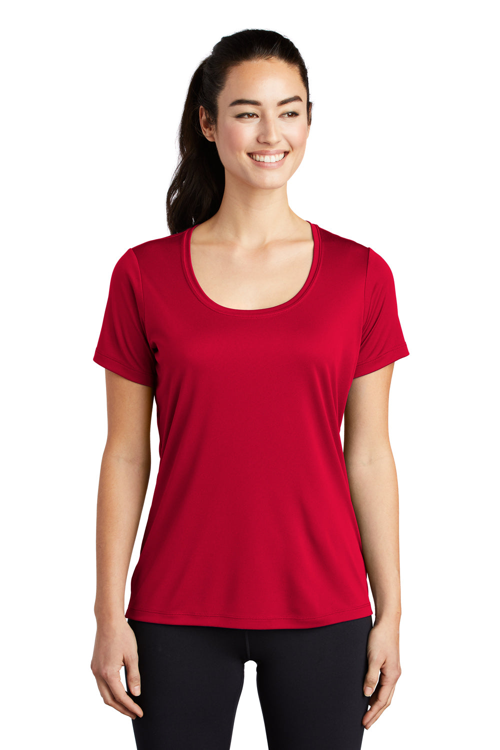 Sport-Tek LST420 Womens Moisture Wicking Short Sleeve Scoop Neck T-Shirt True Red Model Front