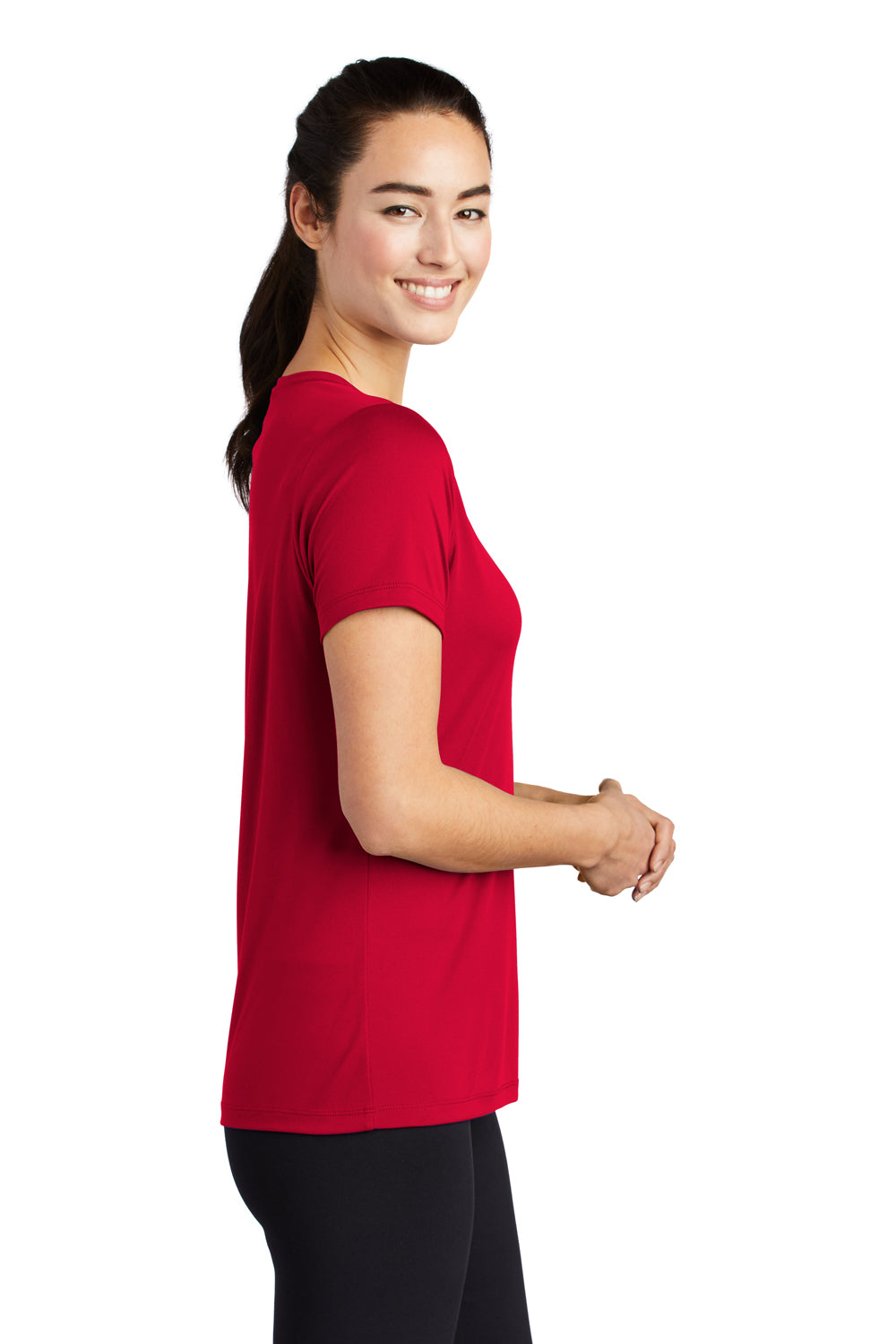 Sport-Tek LST420 Womens Moisture Wicking Short Sleeve Scoop Neck T-Shirt True Red Model Side