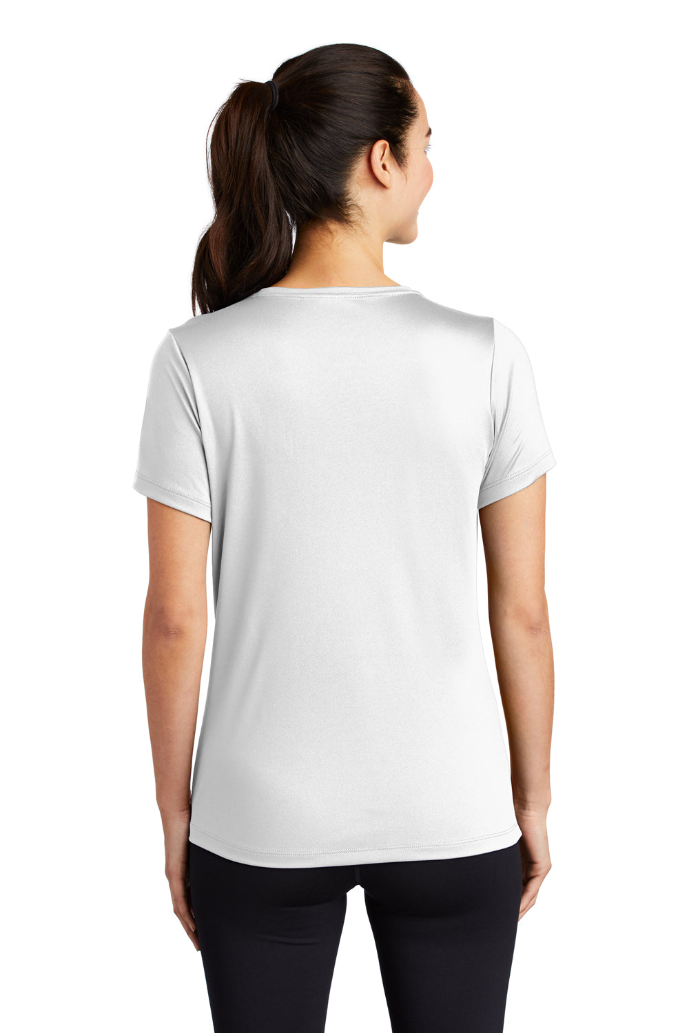 Sport-Tek LST420 Womens Moisture Wicking Short Sleeve Scoop Neck T-Shirt White Model Back