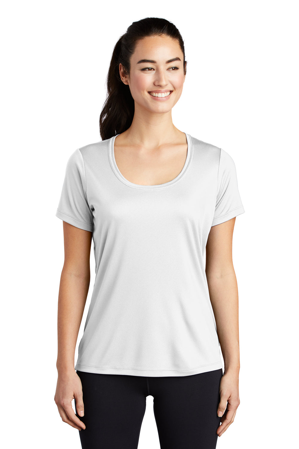 Sport-Tek LST420 Womens Moisture Wicking Short Sleeve Scoop Neck T-Shirt White Model Front